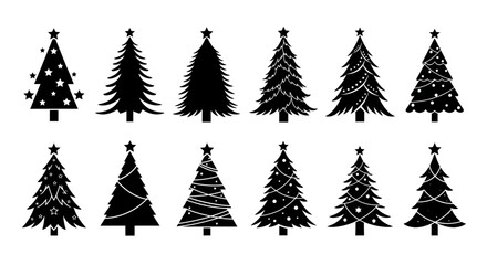 A collection of twelve different black Christmas tree silhouettes isolated on a white background.