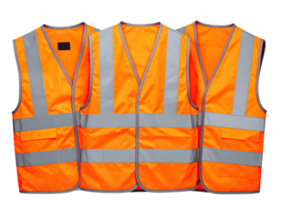 Three bright orange safety vests, featuring reflective strips and a V-neck, arranged closely together