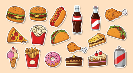 A colorful illustration featuring a variety of popular fast food items and beverages.