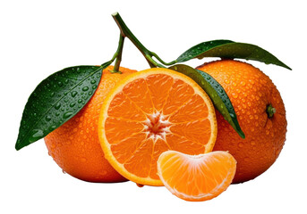 Fresh tangerines, one bursting juicy segments, two dew-kissed textured peels, lush leaves, water droplets, on transparent background, concept of vibrant freshness and natural beauty