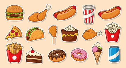 Illustration of various fast food items including burgers, pizza, hot dogs, and desserts.