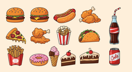 A colorful collection of illustrated fast food items including burgers, fries, pizza, and desserts.