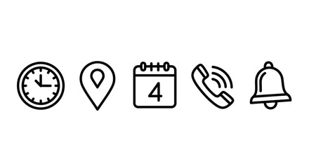 Set of five outline icons representing time, location, date, phone contact, and notification bell on a white background.