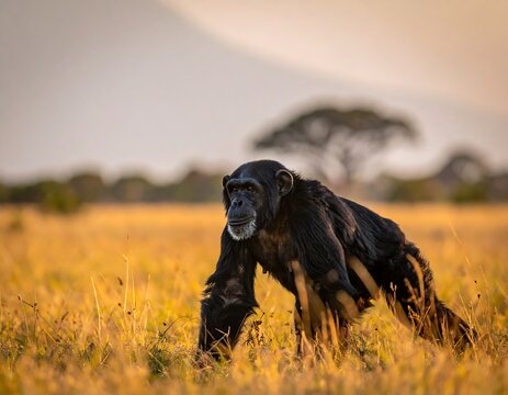A chimpanzee walking in an African savanna at dawn, with a mountain
