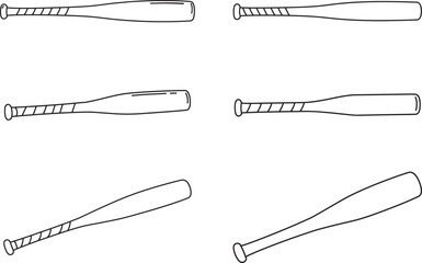 Collection of six hand drawn baseball bats in various styles and perspectives on a white background