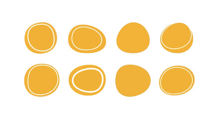A collection of eight abstract, organic, yellow shapes with white outlines, presented on a white background.
