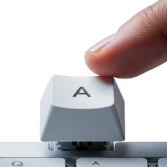 Extreme macro of a fingertip touching a white 'A' keycap on a silver base, isolated on transparent with dramatic studio light. Concept of precision and high-quality interaction