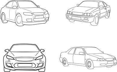 Collection of four hand drawn sketches of modern cars in different angled views
