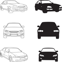 Collection of car illustrations three in black silhouette and three in white line art