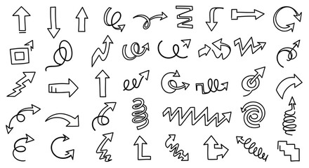 A diverse collection of hand-drawn doodle arrows pointing in multiple directions on a white background.