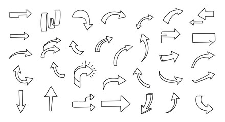A diverse collection of hand-drawn outline arrows in various styles, directions, and shapes, including straight, curved, and bent designs.