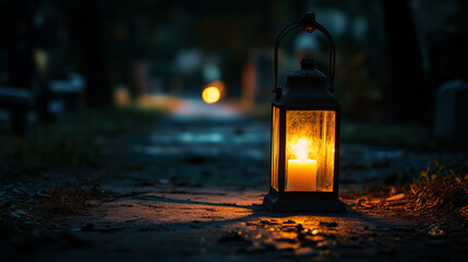 
Single lit lantern on cemetery path, Mexican Day of the Dead, copy space.

