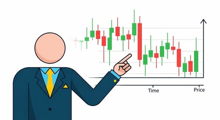 Professional businessman avatar in a suit pointing to a vibrant green and red candlestick chart illustrating stock market trends and financial analysis on a clean white background