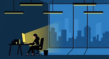 Dedicated businesswoman working late in a dark modern office, illuminated by her computer screen, with a city skyline visible through large window at night, illustrating overtime and productivity.