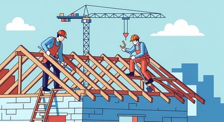Two skilled construction workers in safety gear diligently building a new house roof structure on a modern development site with a crane in the background, showcasing teamwork and progress.