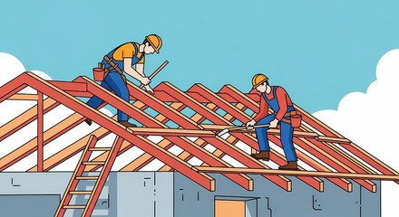 Two skilled construction workers in safety helmets and workwear are diligently building a new wooden roof frame on a house against a clear blue sky, illustrating teamwork and home improvement project.