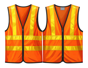 Pair of bright orange reflective safety vests with yellow stripes and zippers, flatly displayed