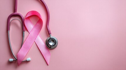 Pink Stethoscope and Ribbon Symbolizing Breast Cancer Awareness and Medical Care