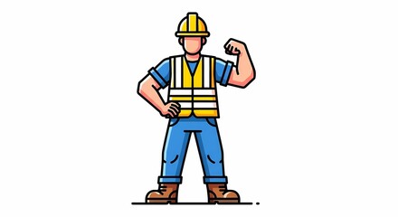 Cartoon Construction Worker in Yellow Safety Vest and Hard Hat Flexing Muscles, Illustration of Confident Builder on White Background