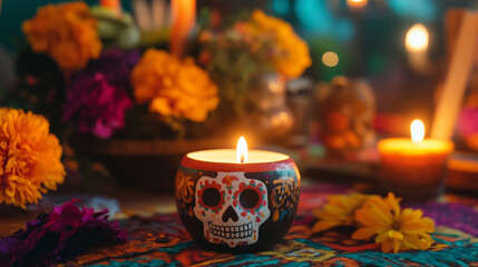 
Close-up of decorated Day of the Dead altar with candle, copy space.
