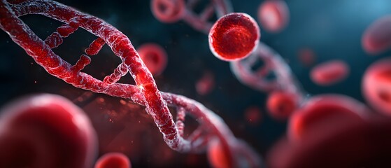Red blood cells and DNA helix floating in dark fluid.