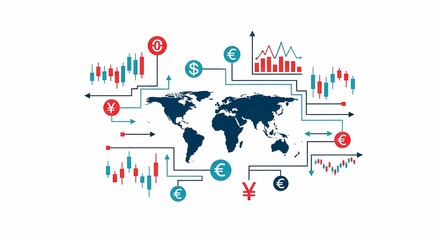 Global finance economic concept with a world map illustration showing interconnected currency symbols and financial data charts.