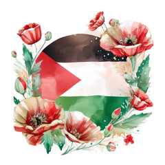 Palestinian flag and poppies painted in watercolor with light brushstrokes. Painting on a white background. Poppies symbolize nature, serenity, peace, and love.