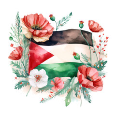 Palestinian flag and poppies painted in watercolor with light brushstrokes. Painting on a white background. Poppies symbolize nature, serenity, peace, and love.
