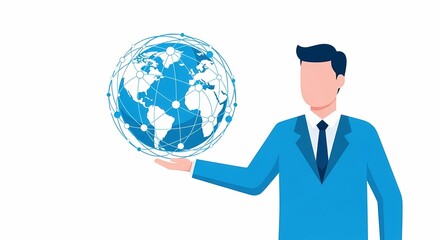 Professional Businessman in Blue Suit Holding a Digital Global Network Sphere, Illustrating Worldwide Connectivity with a Modern Flat Design