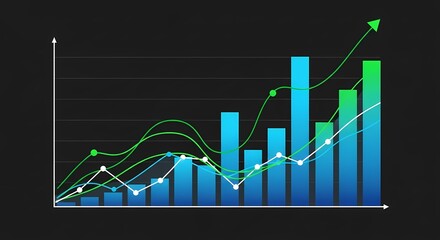 Vibrant blue bar graph and green line chart showcasing financial market growth and positive business trend analysis on a dark background