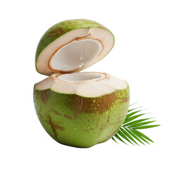 Ultra-macro shot of a fresh green coconut, meticulously split, revealing transparent flesh, glistening cavity, and a suspended water drop, on a transparent background, concept of natural purity and
