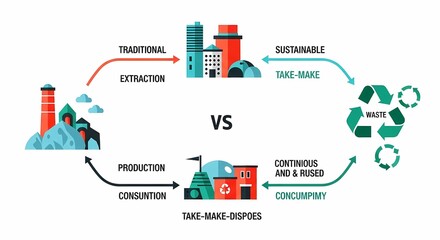Clear infographic comparing traditional linear 'take-make-dispose' economic model with a sustainable circular economy lifecycle, showing waste reduction and continuous reuse processes.