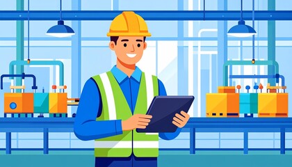 Smiling male industrial engineer wearing a hard hat and safety vest, holding a digital tablet in a modern factory setting with machinery, representing smart manufacturing and quality control.
