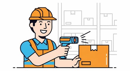 Warehouse worker in safety gear scanning package with barcode reader in inventory management setting for logistics industry