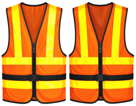 Digital illustrations of two orange safety vests with reflective yellow stripes and black detailing - Powered by Adobe