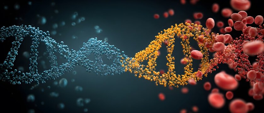 DNA helix structure with red blood cells in a dark background.