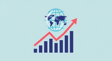 Global business growth indicated by a rising red arrow over a bar chart, symbolizing successful international market expansion and financial progress.