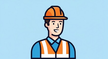 Professional cartoon illustration featuring a smiling male construction worker wearing an orange hardhat and safety vest against a light blue background, symbolizing industry and safety.
