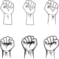 Six black and white line art illustrations of raised fists symbolizing power unity and protest