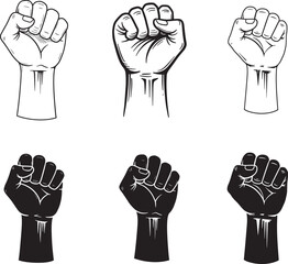 Collection of six clenched fists raised in black silhouette and outline style against a white background