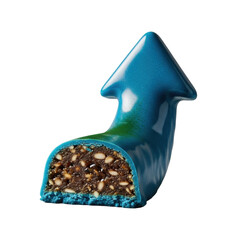 Gourmet blue spirulina energy bar, arrow shape, deep azure, glossy glaze. Cross-section with chewy interior, nutrient flecks, glistening moisture, crumbs on transparent. Concept for healthy food