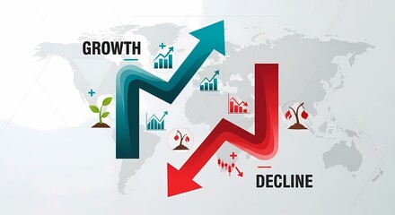 Dynamic business growth and market decline arrows illustrate economic trends with upward blue and downward red vectors on a global world map background