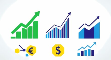 Set of clean vector financial growth charts demonstrating positive market trends and increasing business profits with currency symbols on white background