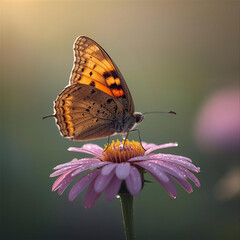 Sunlit Butterfly on Dewy Pink Flower Macro Photography