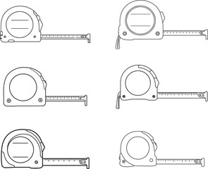Collection of six hand drawn illustrations of tape measures in different styles and orientations