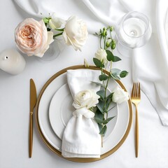 Elegant table setting with flowers, gold accents, and white plates