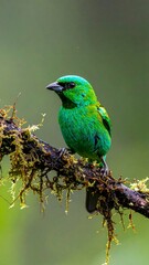 Obraz premium A vibrant, emerald-green bird perches on a moss-covered branch against a soft, blurred green background, showcasing its bright plumage