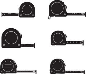 Six black silhouettes of tape measures in different positions on a white background
