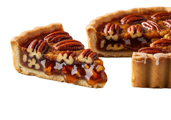 A perfect triangular slice of artisanal maple pecan tart, separated, with gooey amber filling, toasted pecans, golden flaky crust, shimmering glaze, low-angle on transparent, gourmet dessert concept