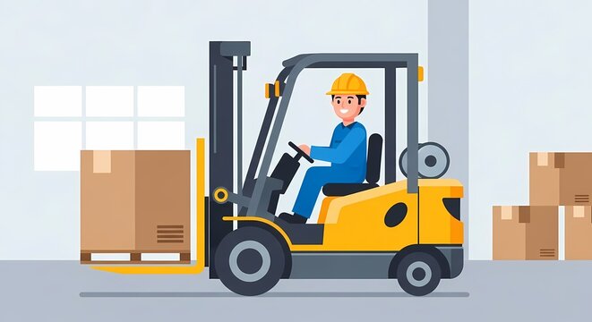 Warehouse Worker Driving Yellow Forklift Truck Lifting Wooden Pallet with Cardboard Box in Modern Storage Facility Illustration